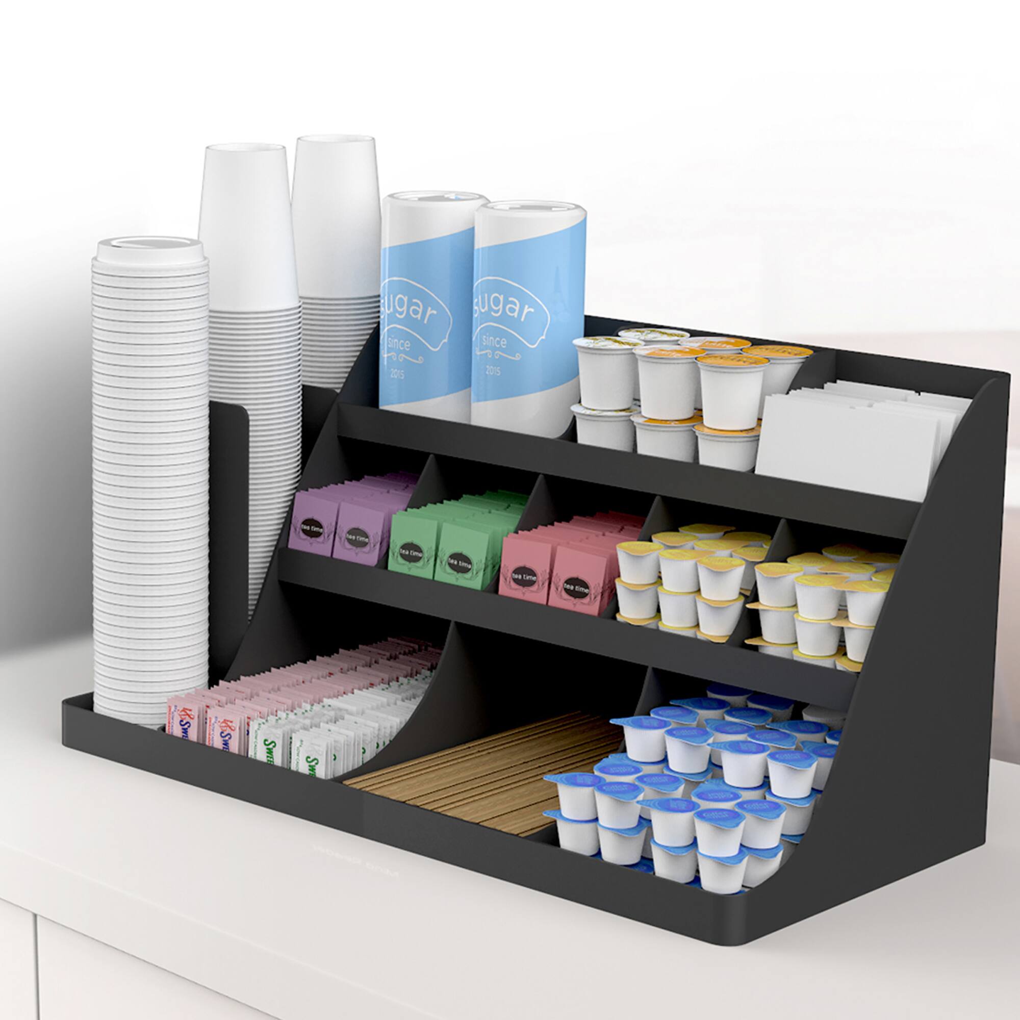 Mind Reader Black 14-Compartment 3-Tier Large Breakroom Coffee Condiment Organizer